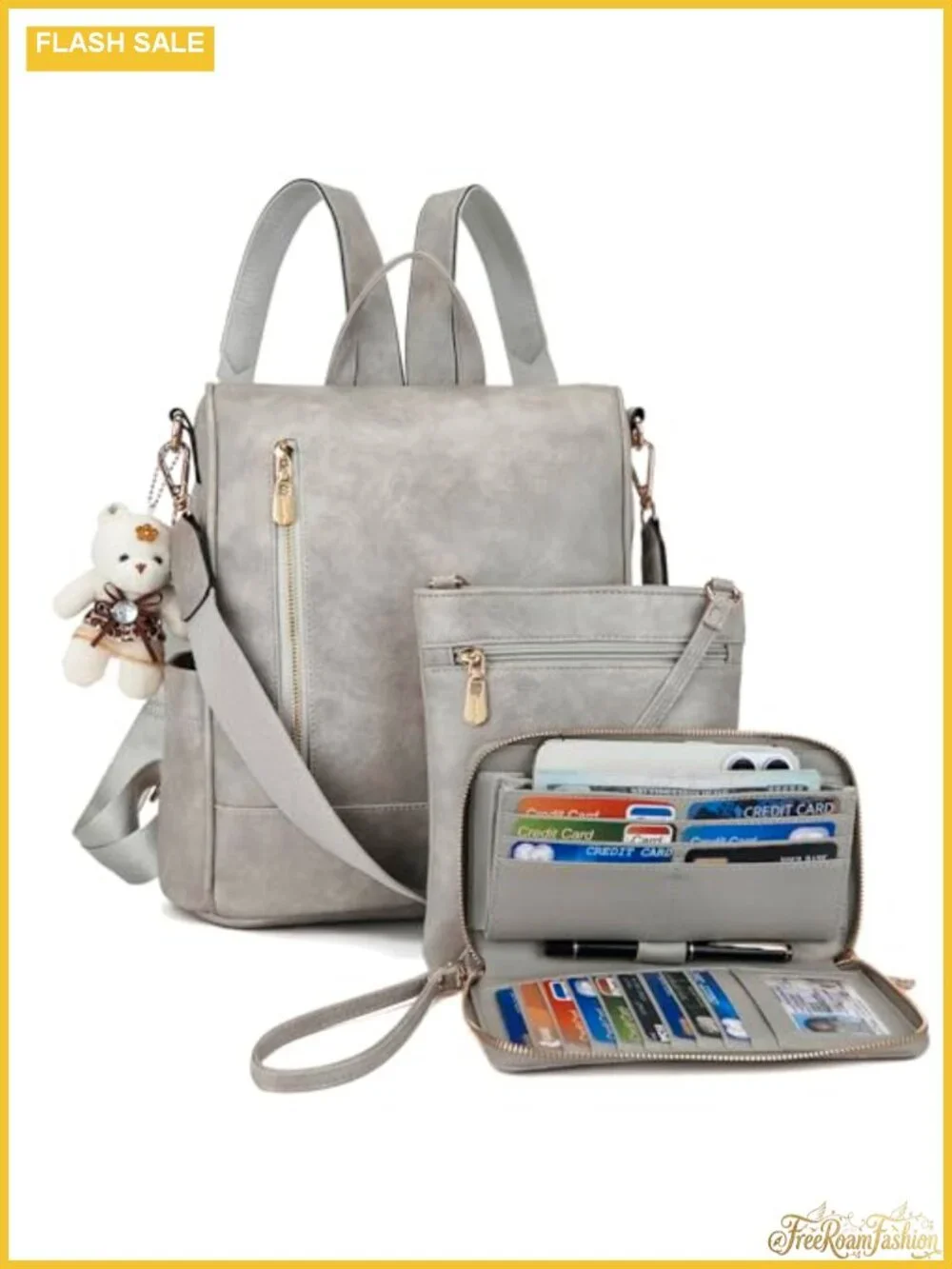 3pc Faux Leather Anti-Theft Backpack Set with Crossbody Bag & Wallet, Vegan